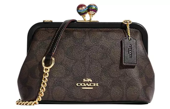 COACH Сумка через плечо Kisslock из холста и гладкой кожи, женская, цвет "трубы", коричневый, черный