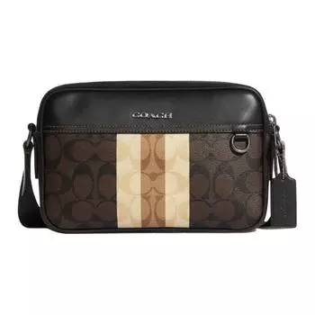 COACH Сумка для фотоаппарата Graham Canvas с кожей, наплечная сумка среднего размера, мужская, черная и темно-коричневая
