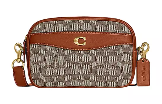 COACH Сумка для фотоаппарата из ткани с коровьей кожей, сумка через плечо среднего размера, женская, коричневого цвета