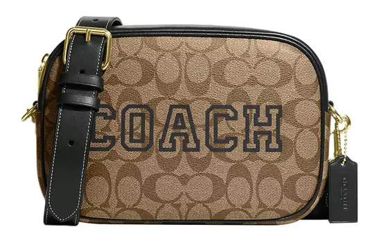 COACH Сумка для фотоаппарата Jamie Signature из холщовой ткани с покрытием и гладкой кожей, через плечо, среднего размера, женская, коричневого цвета
