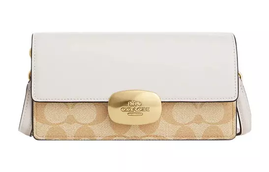 COACH Сумка Eliza Signature из холщовой ткани с покрытием и гладкой кожей, женская, молочно-белая и светло-коричневая