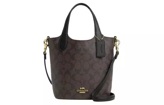COACH Сумка Hanna Iconic из холщовой ткани с покрытием и гладкой кожей, через плечо, маленькая женская, золотисто-коричнево-черная