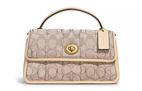 COACH Сумка из хлопка с замком-вертушкой и коровьей кожей, сумка через плечо, маленькая женская сумка цвета лайм и слоновая кость, белая