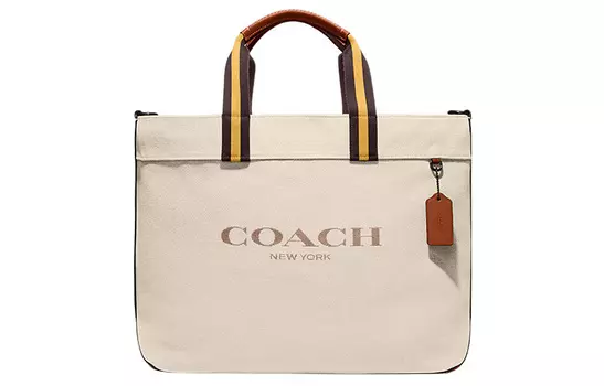 COACH Сумка из холста с кожей, сумка-шоппер, сумка для покупок, большая женская бежевая сумка