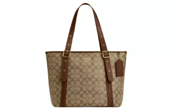 COACH Сумка из холста с кожей, сумка-шоппер, сумка для покупок, дамская сумочка, сумка через плечо, женская, цвета хаки
