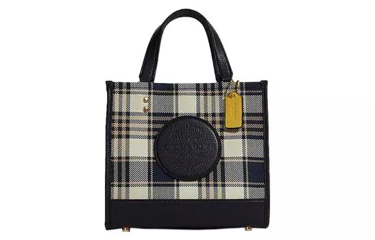 COACH Сумка из ткани Демпси с коровьей кожей, сумка через плечо, маленькая женская, темно-синяя, бежевая, в клетку