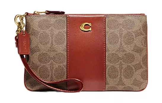 COACH Сумка-клатч из холщовой ткани с покрытием и телячьей кожей, небольшого размера, женская, коричневого, желтого и ржавого цвета