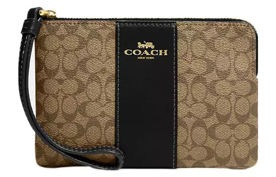 COACH Сумка-клатч из холщовой ткани с угловой молнией и кожаной отделкой, женский, небольшого размера, цвета хаки и черный