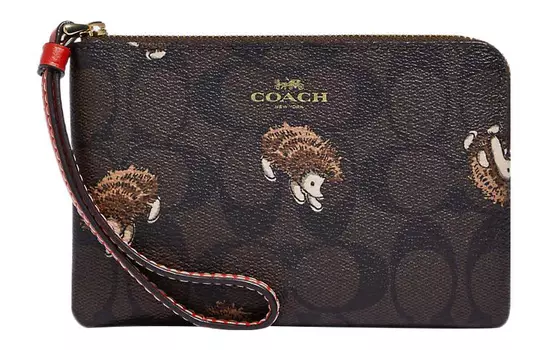 COACH Сумка-клатч из парусины с покрытием на молнии и кожей, женская, коричневого и черного цвета, маленького размера