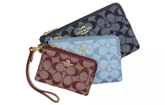 COACH Сумка-клатч из парусины с угловой молнией и кожаным ремешком, маленькая, женская, темно-синяя