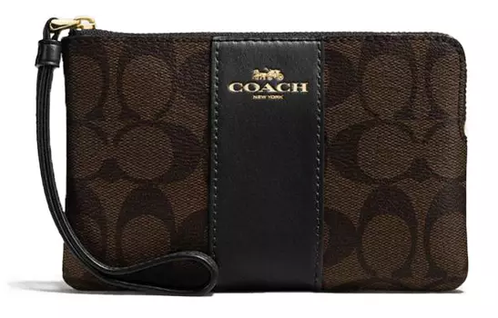 COACH Сумка-клатч из парусины с угловой молнией и кожей, маленький размер, женский, темно-коричневый