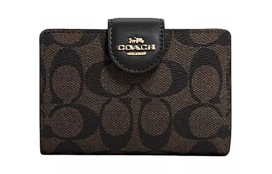 COACH Сумка-клатч на запястье из парусины с угловой молнией и кожей, женский кошелек для маджонга, среднего размера, темно-коричневый/черный