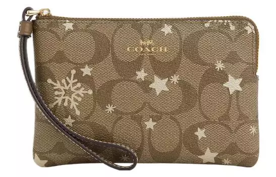 COACH Сумка-клатч на запястье из гладкой кожи с угловой молнией, с покрытием, небольшого размера, цвета хаки для женщин