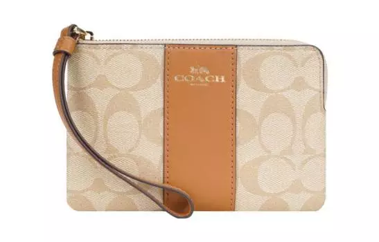 COACH Сумка-клатч на запястье с угловой молнией и кожаной холщовой сумкой в стиле маджонг, женская, коричневого и хаки цвета, монограмма, небольшого размера