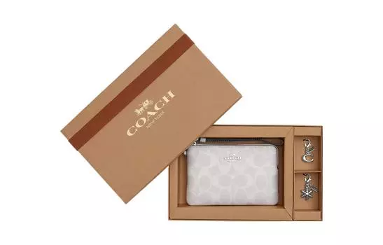 COACH Сумка-клатч на запястье Trumpets из парусины с угловой молнией и кожаным кошельком, женская, серебристо-мелового цвета