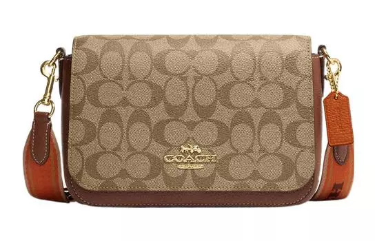 COACH Сумка-конверт из холста с кожей, сумка через плечо, сумка через плечо, женская, коричневая, Trumpets