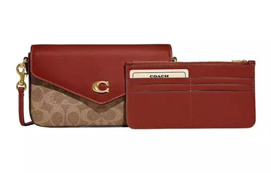 COACH Сумка-конверт Wyn Canvas с кожаной сумкой-переноской, маленькая женская, коричневого и розово-красного цвета