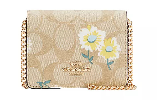 COACH Сумка-кошелек из холста с кожаной цепочкой, на одно плечо, через плечо, клатч, мини-кошелек, цвет хаки, монограмма для женщин
