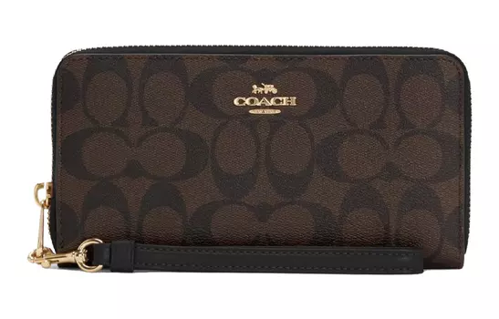 COACH Сумка-кошелек из канвы с монограммой на молнии и кожаным клатчем, стандартная женская, черно-коричневая, с монограммой