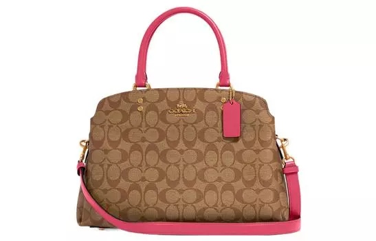 COACH Сумка Lillie из холста с кожаной вставкой через плечо, большая женская сумка цвета хаки и розово-красного цвета