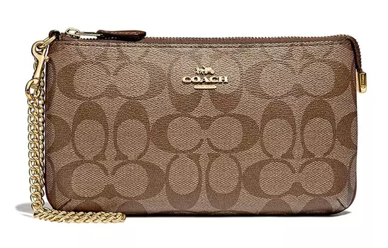 COACH Сумка-маджонг из парусины с кожаным ремешком, сумка через плечо, женская, коричневого цвета, с монограммой, небольшого размера