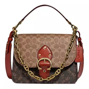 COACH Сумка-мессенджер Beat Coated Canvas с натуральной телячьей кожей, маленькая квадратная, портативная, через плечо, женская, коричневого цвета