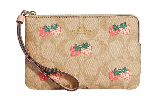 COACH Сумка на запястье из холста с покрытием на угловой молнии и кожаным кошельком для монет, небольшого размера, цвет светло-хаки для женщин