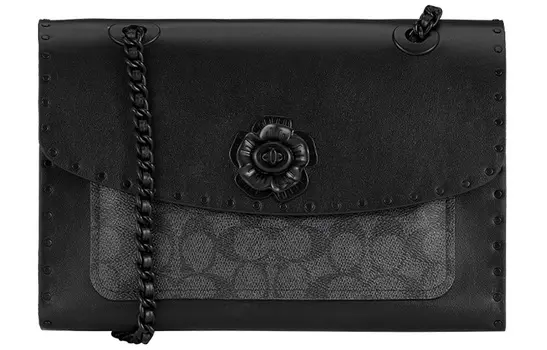 COACH Сумка Parker Canvas с кожаной цепочкой, сумка через плечо, среднего размера, женская, черно-угольно-серая