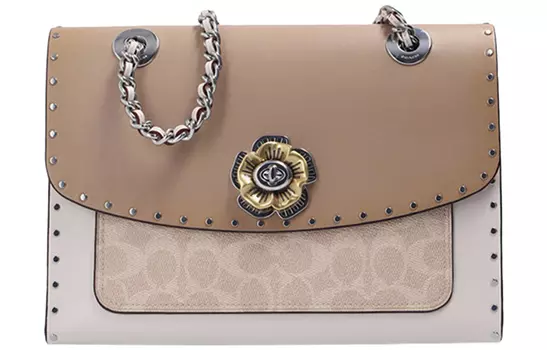 COACH Сумка Parker Coated Canvas с кожаной цепочкой, сумка через плечо, сумка среднего размера для женщин цвета хаки/серо-белый