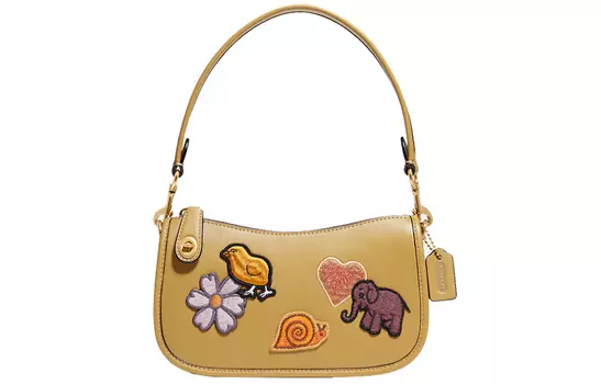 COACH Сумка-переноска Swinger Leather Crossbody, женская, небольшого размера, коричневого и желтого цвета
