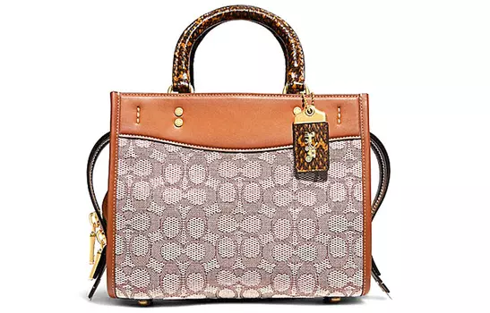 COACH Сумка Rogue из жаккардовой ткани с отделкой из змеиной кожи, через плечо, женская, среднего размера, цвета хаки и карамели