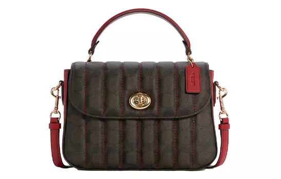 COACH Сумка-саквояж Marlie из холщовой кожи, женская, среднего размера, коричнево-красного цвета