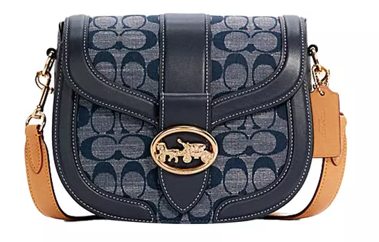 COACH Сумка-седло Georgie Linen с телячьей кожей, сумка через плечо, сумка-трубы, женская джинсовая синяя