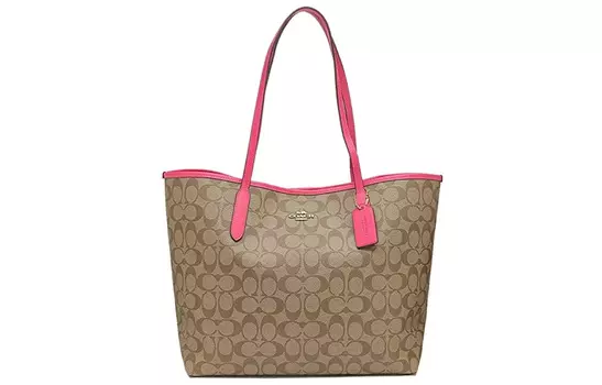 COACH Сумка-шоппер City Canvas с кожаной сумкой, сумка-шоппер, дамская сумочка, сумка через плечо, большая женская, темно-коричневая/розово-красная