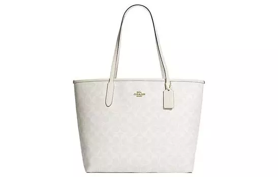 COACH Сумка-шоппер City Canvas с кожаной сумкой-шоппером, дамской сумкой, сумкой через плечо, женская, золотисто-мелово-белая, ледниково-белая