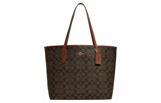 COACH Сумка-шоппер City Canvas с кожаной сумкой-шоппером, сумка-тоут, женская, большого размера, коричневого и красного дерева