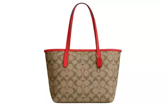 COACH Сумка-шоппер City Canvas с кожаной сумкой-шоппером, дамской сумкой, сумкой на плечо, мини-сумка для женщин, цвета серебристый, хаки и красный майами