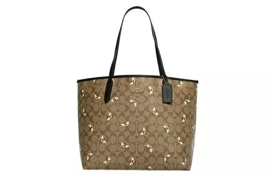 COACH Сумка-шоппер City Canvas с кожаной сумкой-шоппером, женская сумка через плечо цвета хаки с нашивкой из пчелиного принтом