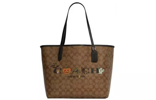 COACH Сумка-шоппер City Canvas с кожаным ремнем, сумка для покупок, дамская сумочка, сумка на плечо, женская, коричневого и черного цветов
