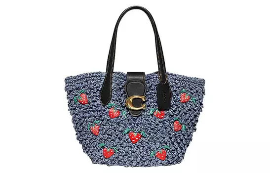 COACH Сумка-шоппер из целлюлозного материала с соломой, сумка для покупок, сумка через плечо, женская сумка среднего размера, синяя