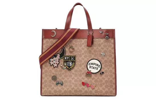 COACH Сумка-шоппер из холста с кожей, сумка-шоппер, сумка через плечо, сумка-туба женская, красно-коричневая