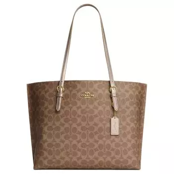 COACH Сумка-шоппер из холста с покрытием Mollie, сумка для покупок, сумка через плечо, женская сумка, большая, бежево-коричневого и светло-шампаньского цвета