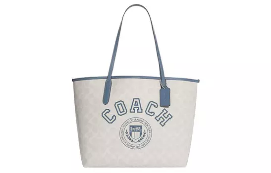 COACH Сумка-шоппер из искусственной кожи City, сумка-шоппер на плечо, женская, большого размера, мелово-белая и индиго