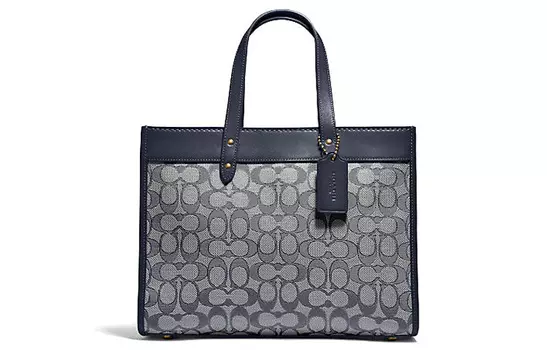 COACH Сумка-шоппер из ткани с кожаной отделкой, сумка-шоппер, сумка через плечо, женская сумка большого размера, синяя монограмма