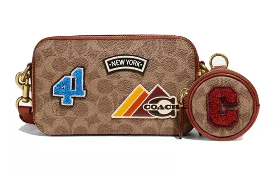 COACH Сумка-слинг Charter из холщовой кожи, мини-сумка через плечо, женская, цвета хаки и кирпично-красный