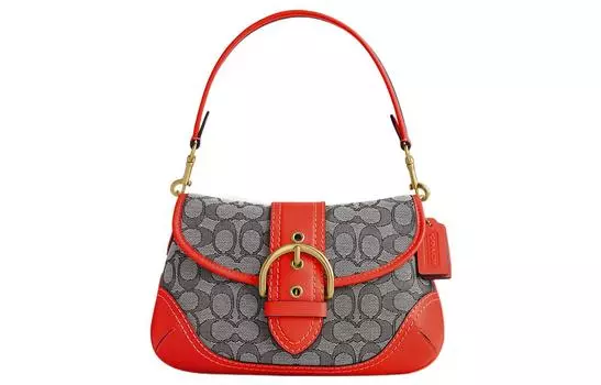 COACH Сумка Soho Jacquard Leather Crescent, большая женская сумка через плечо, оранжево-серого цвета