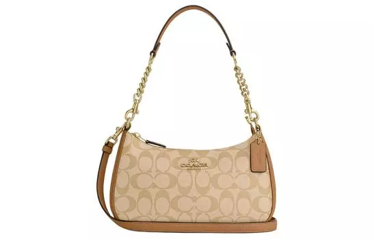 COACH Сумка Teri Canvas с гладкой кожей, сумка на плечо, среднего размера, женская, золотистая, светло-хаки и светло-серая