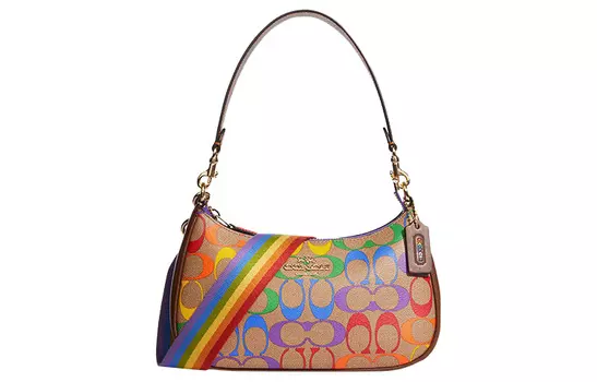 COACH Сумка Teri Canvas с кожаной сумкой через плечо среднего размера для женщин, коричневая радуга