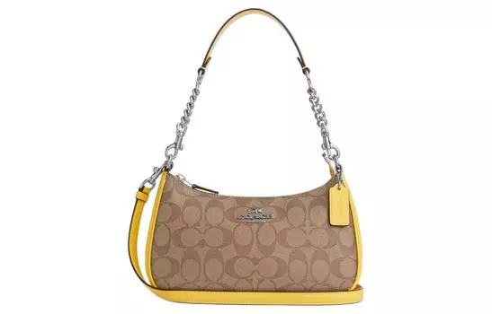 COACH Сумка Teri Canvas с кожей, сумка-седло, сумка через плечо, женская, среднего размера, серебристая, хаки и винтажно-желтая