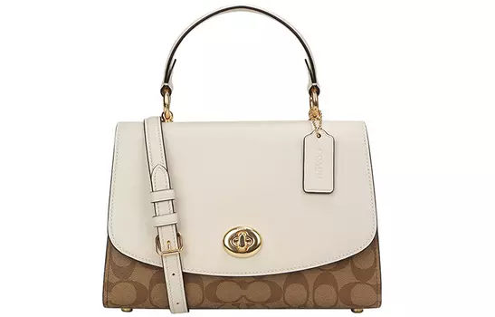 COACH Сумка Tilly Leather Handbag Crossbody Bag Bag, женская, белого и коричневого цвета с монограммой, среднего размера